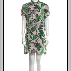 Alice + Olivia Pink Shirt Dress MIDI Reairtwear L Pink w Green Leaf Print Cruise